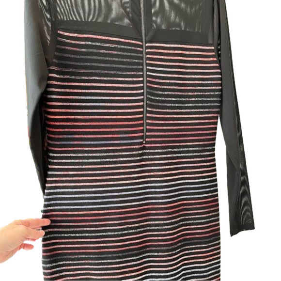 RACHEL Roy (XL) Striped Bodycon Midi Dress with Black Mesh Neckline & Arms - Picture 4 of 8
